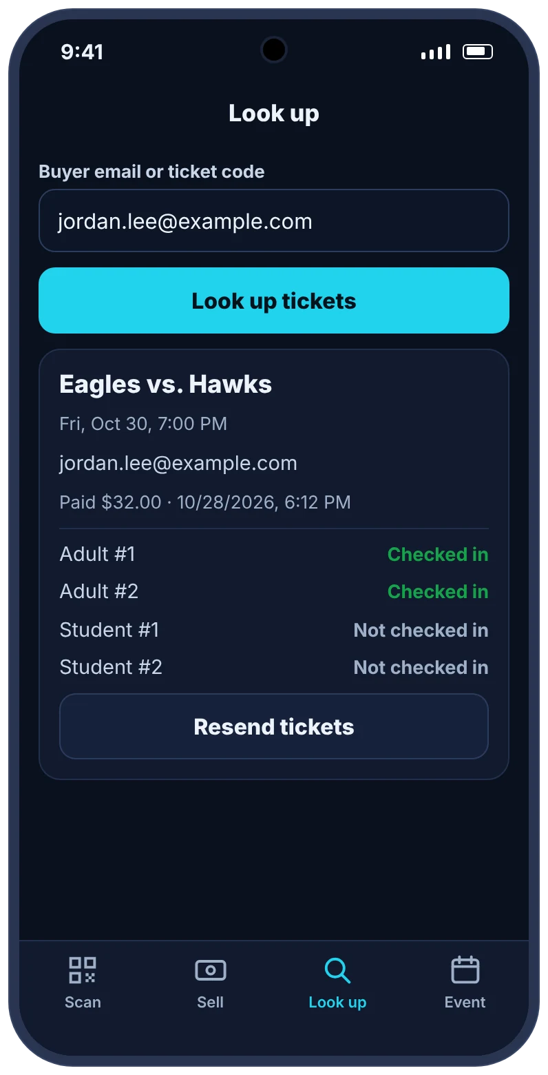 Game Day app look-up screen showing an order’s tickets and check-in status