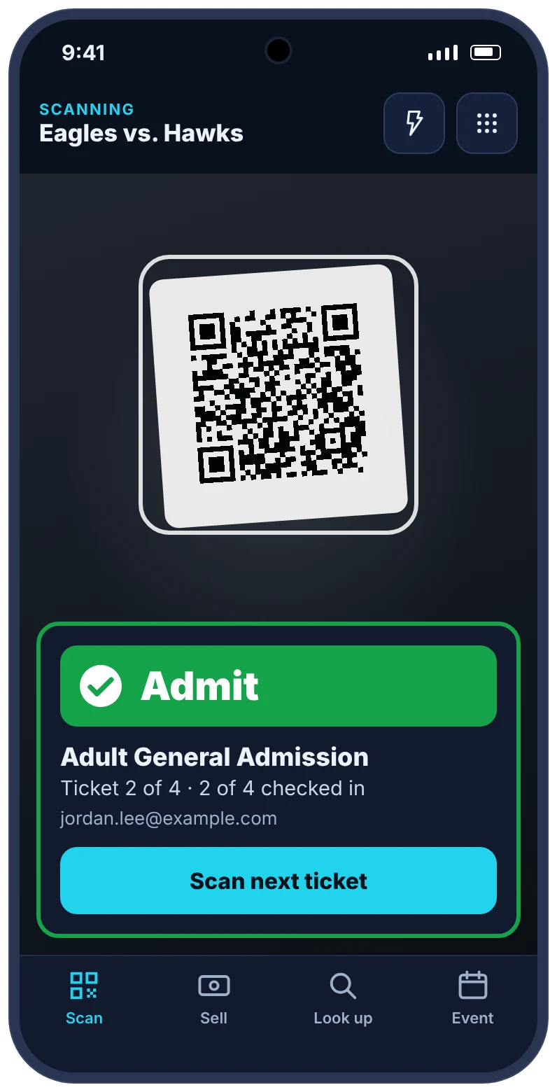 Ticket scanner showing a large green Admit result