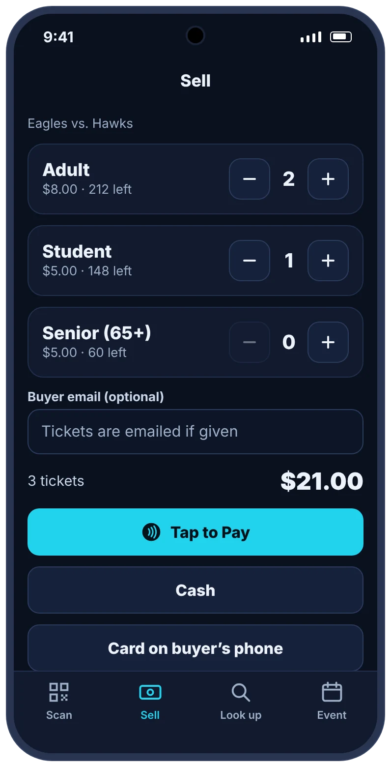TixFlo Game Day Sell screen with Tap to Pay as the first payment option