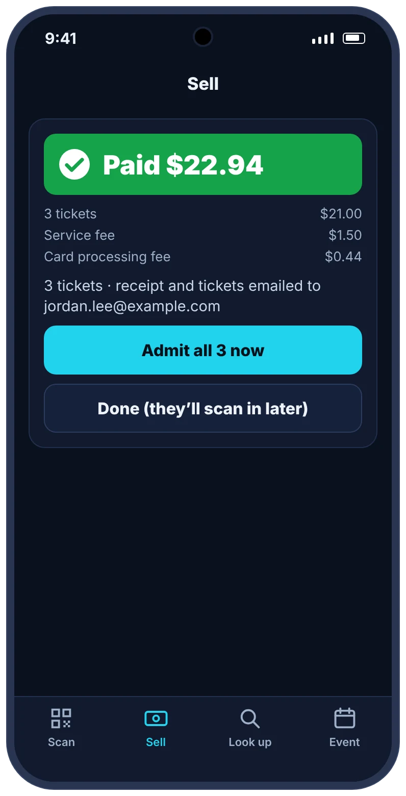 Tap to Pay sale marked paid, with the fee breakdown and tickets emailed to the buyer