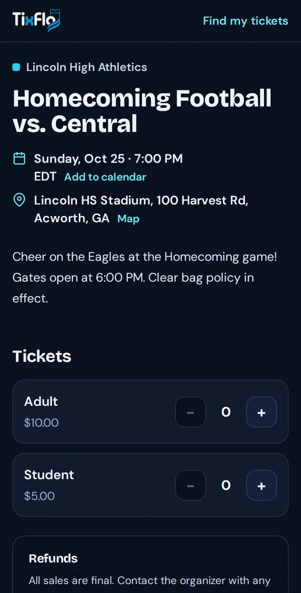An event page with the date, location, Adult and Student tickets and a Checkout button