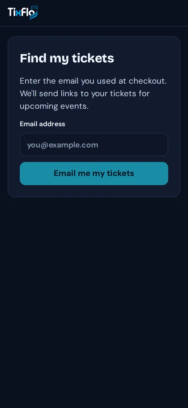 Find my tickets, with an Email address field and Email me my tickets