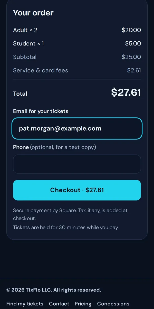 Your order: Adult × 2 and Student × 1, fees, total $27.61, email and Checkout