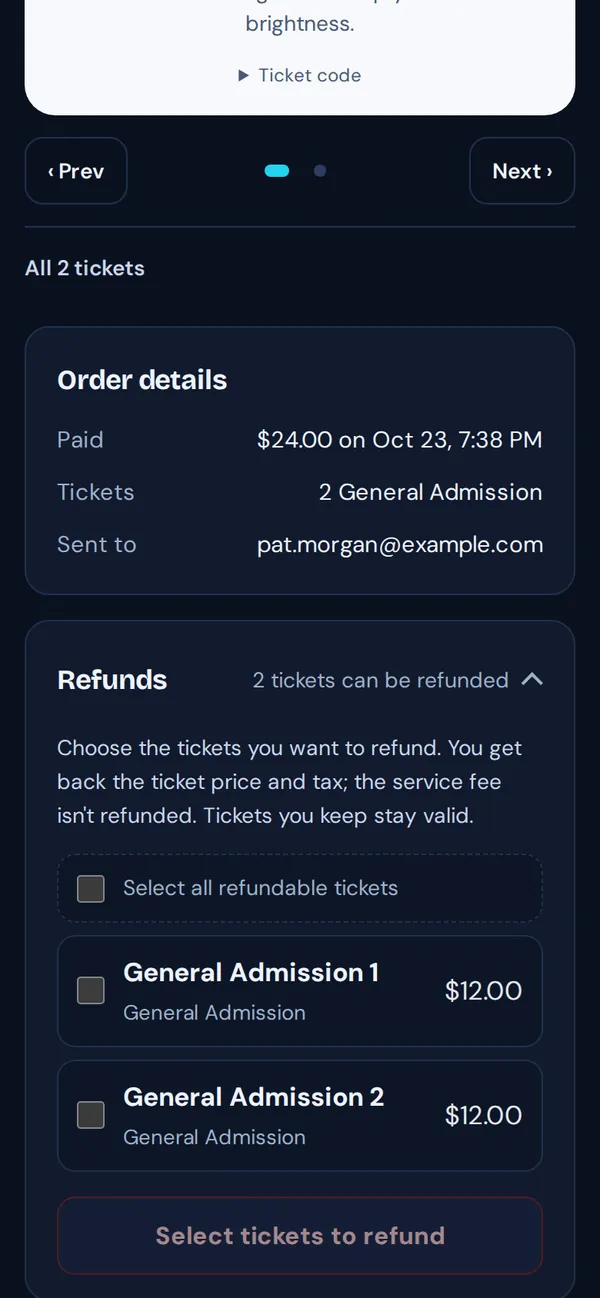 Order details and Refunds, with 2 tickets that can be refunded and checkboxes