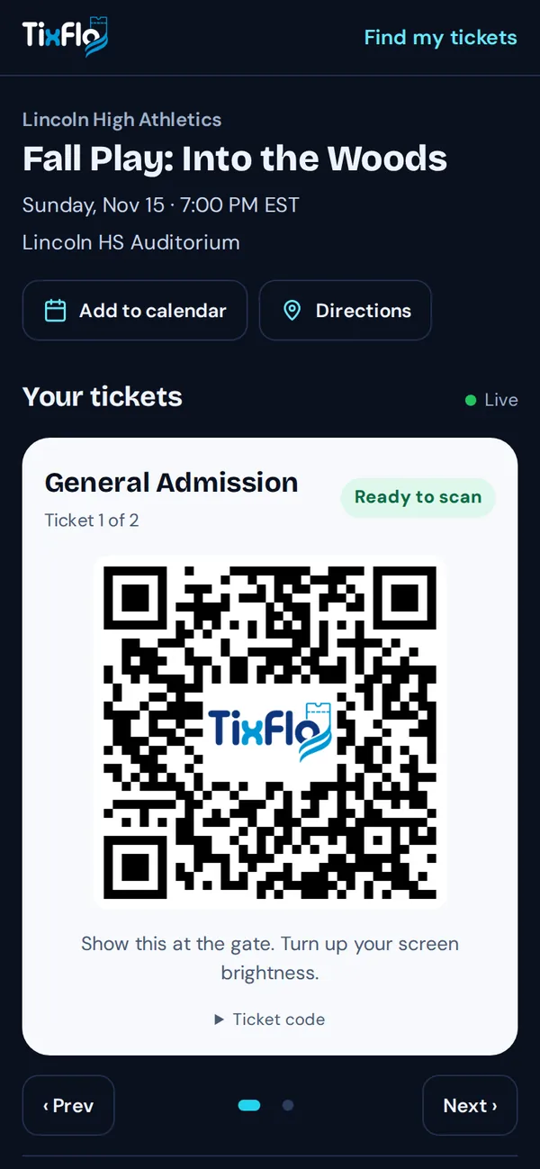 Your tickets: a General Admission QR code marked Ready to scan, with Prev and Next