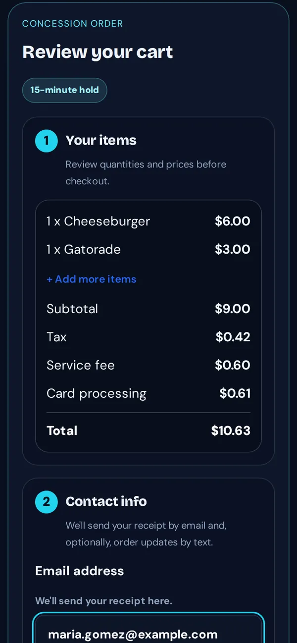 Review your cart with items, tax, service fee and total, and contact info
