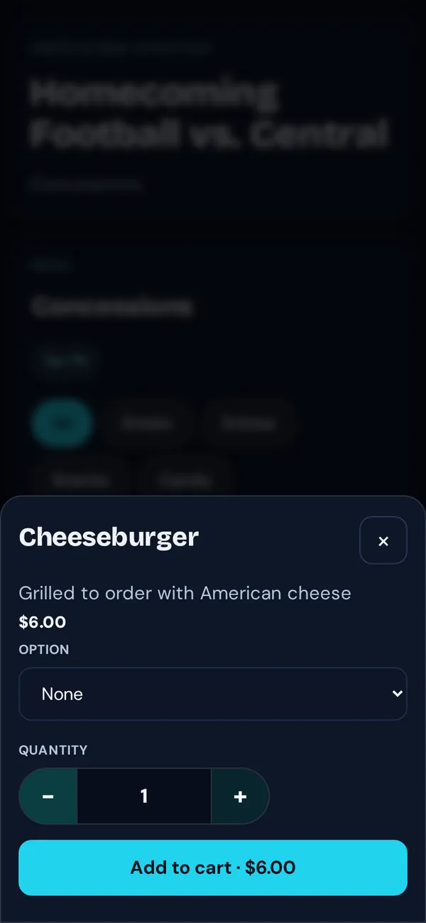 A Cheeseburger with an option, quantity and Add to cart