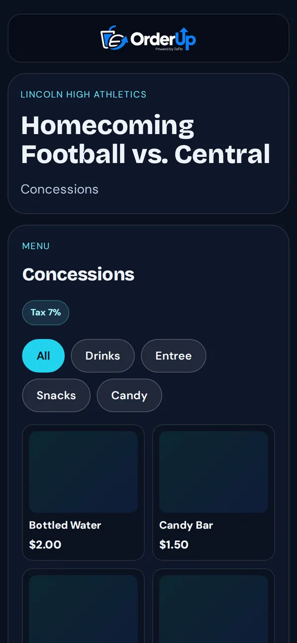 The concessions menu for Homecoming Football vs. Central with category filters