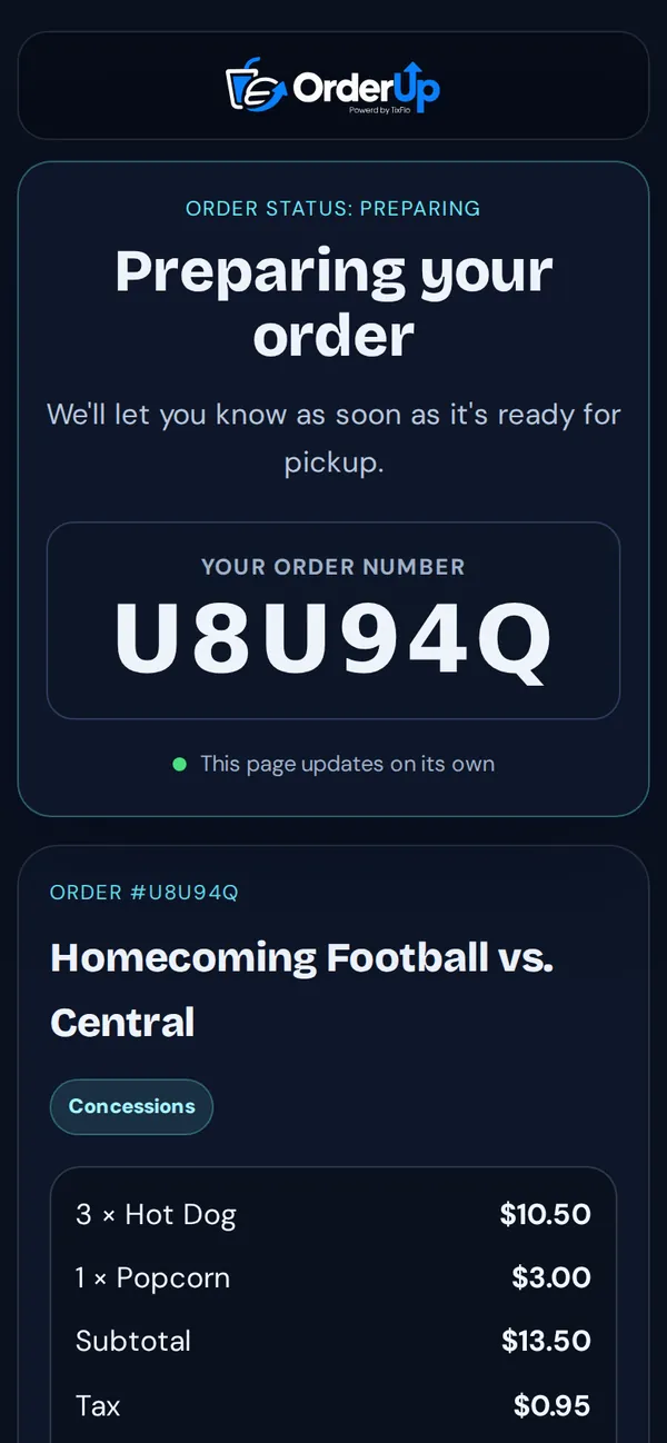 Preparing your order, with order number U8U94Q