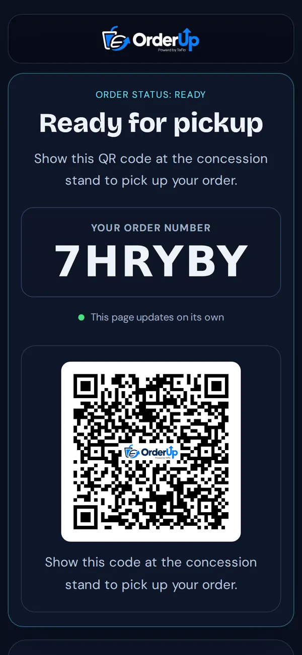 Ready for pickup, with order number 7HRYBY and a QR code to show at the stand
