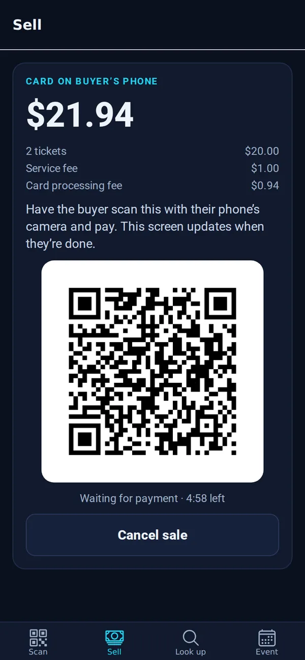 Card on buyer’s phone: $21.94 with a QR code for the buyer to scan, and Waiting for payment, 4:58 left