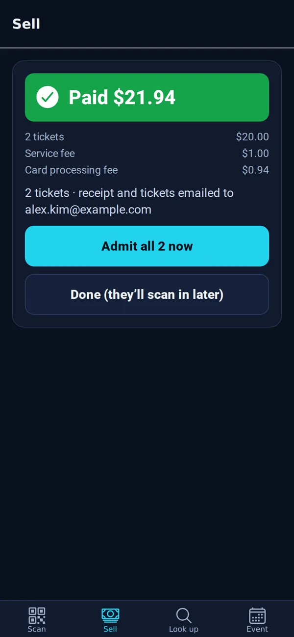 Paid $21.94, with 2 tickets, service fee and card processing fee, and Admit all 2 now