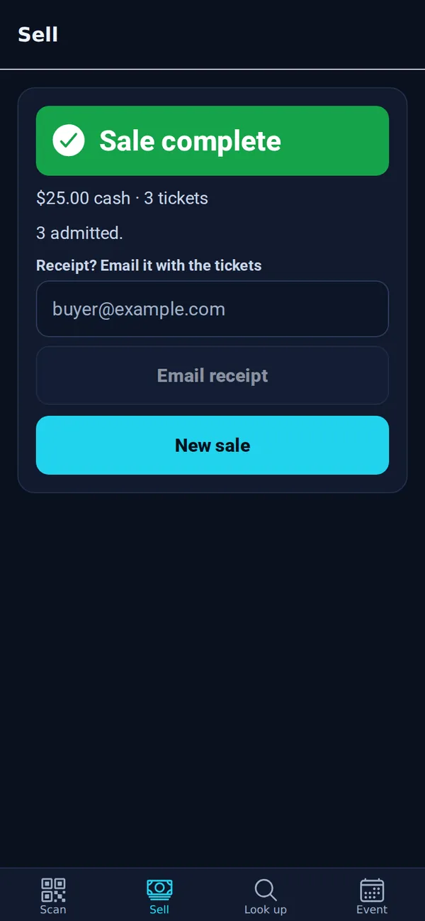 Sale complete: $25.00 cash, 3 tickets, 3 admitted, with an option to email a receipt