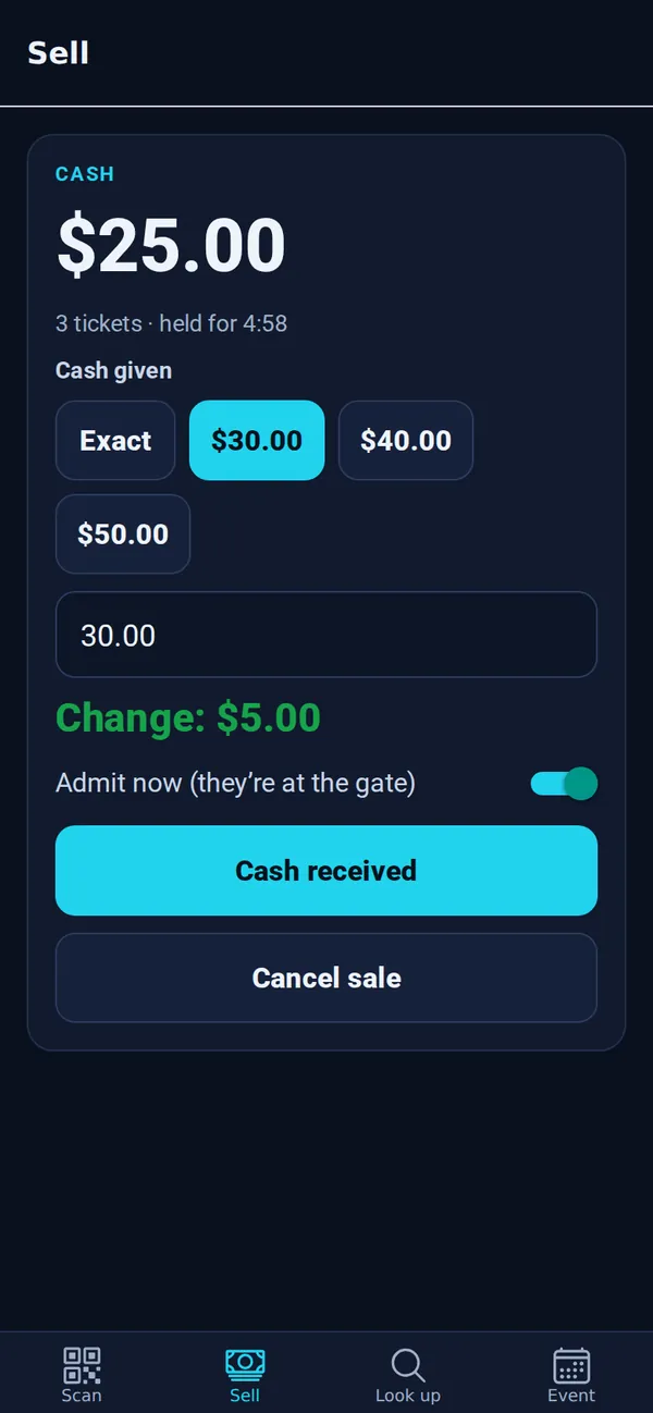 Cash sale of $25.00 with $30.00 selected and Change: $5.00