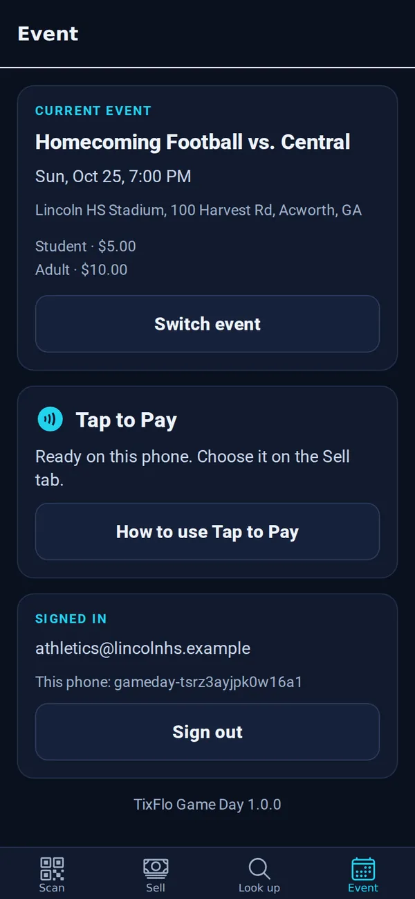 The Event tab with the current event, Switch event, Tap to Pay status and Sign out