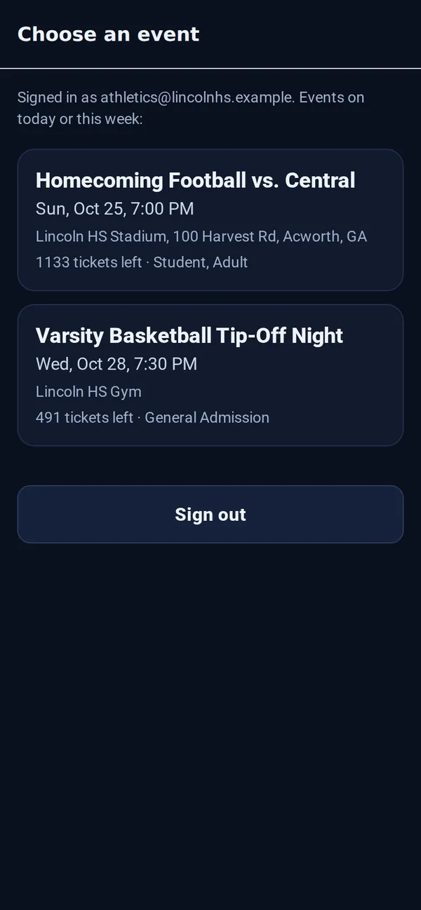 Choose an event, listing Homecoming Football vs. Central and Varsity Basketball Tip-Off Night