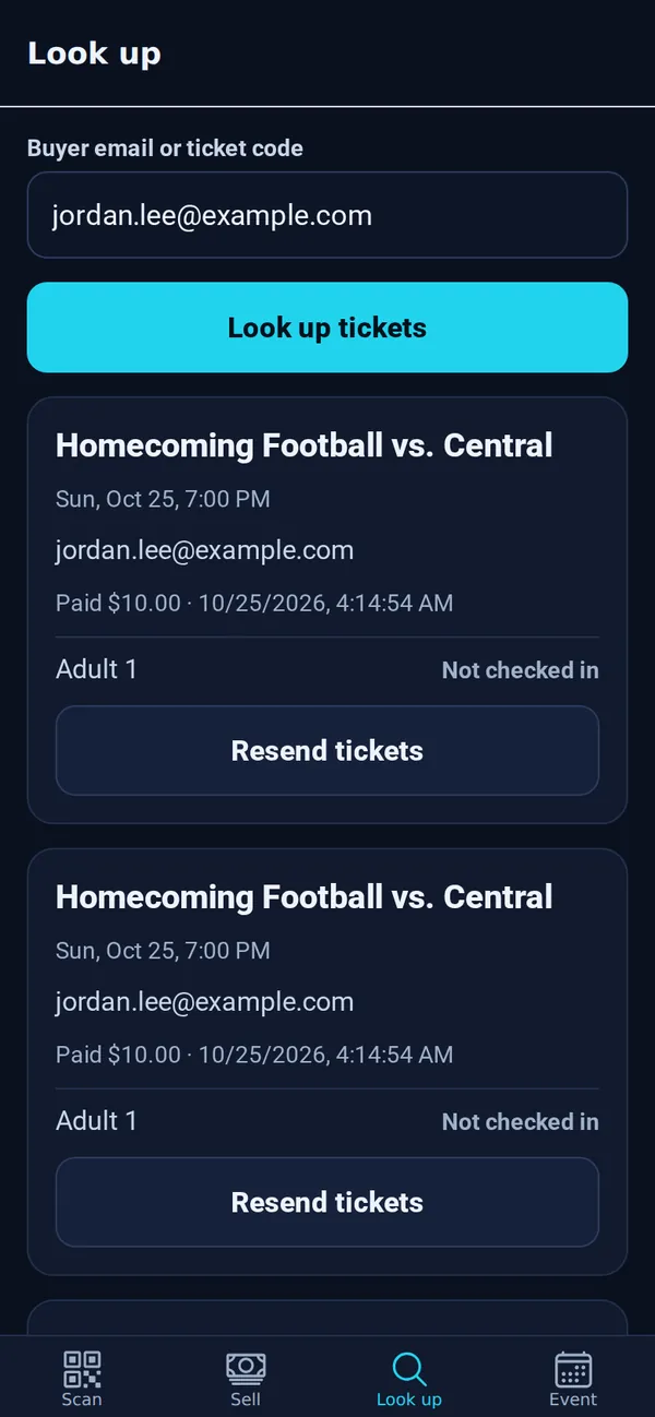 Look up results for jordan.lee@example.com, with Not checked in and Resend tickets