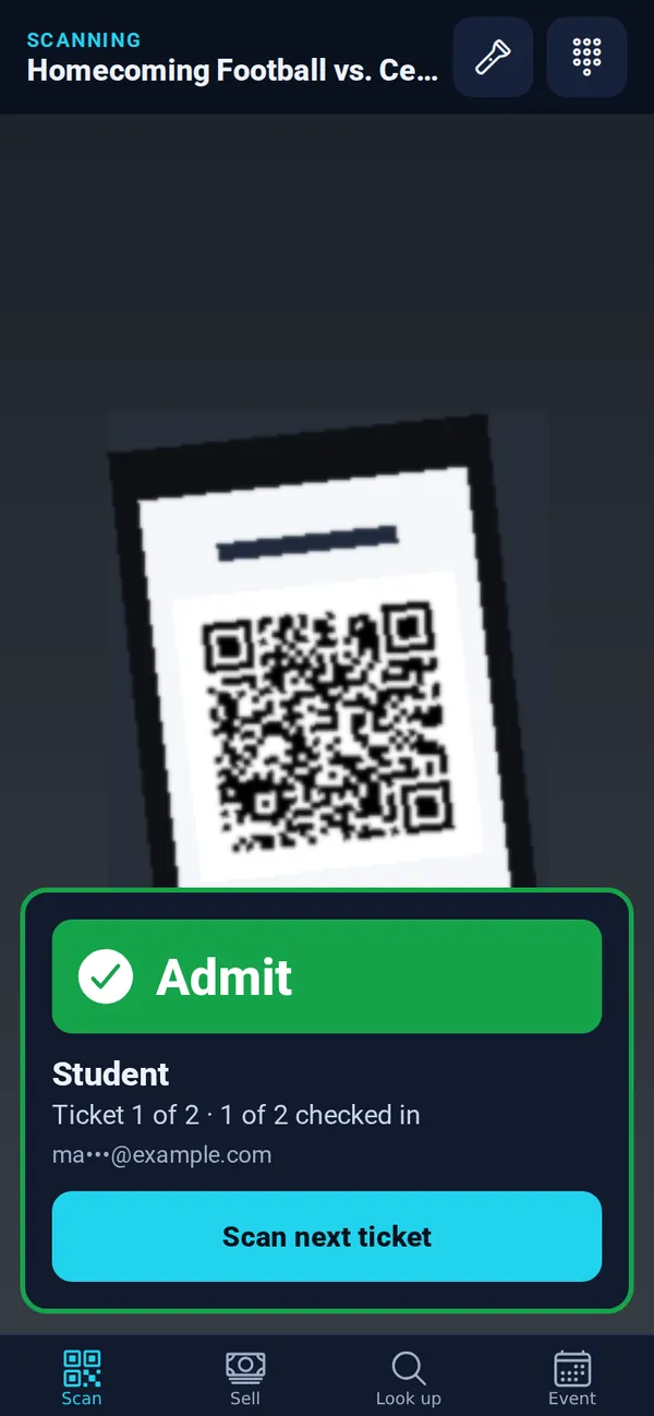 A green Admit result for a Student ticket, ticket 1 of 2