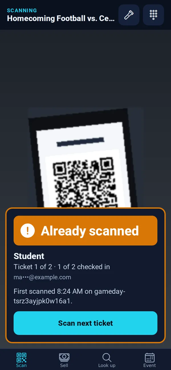 An orange Already scanned result showing when and on which device it was first scanned