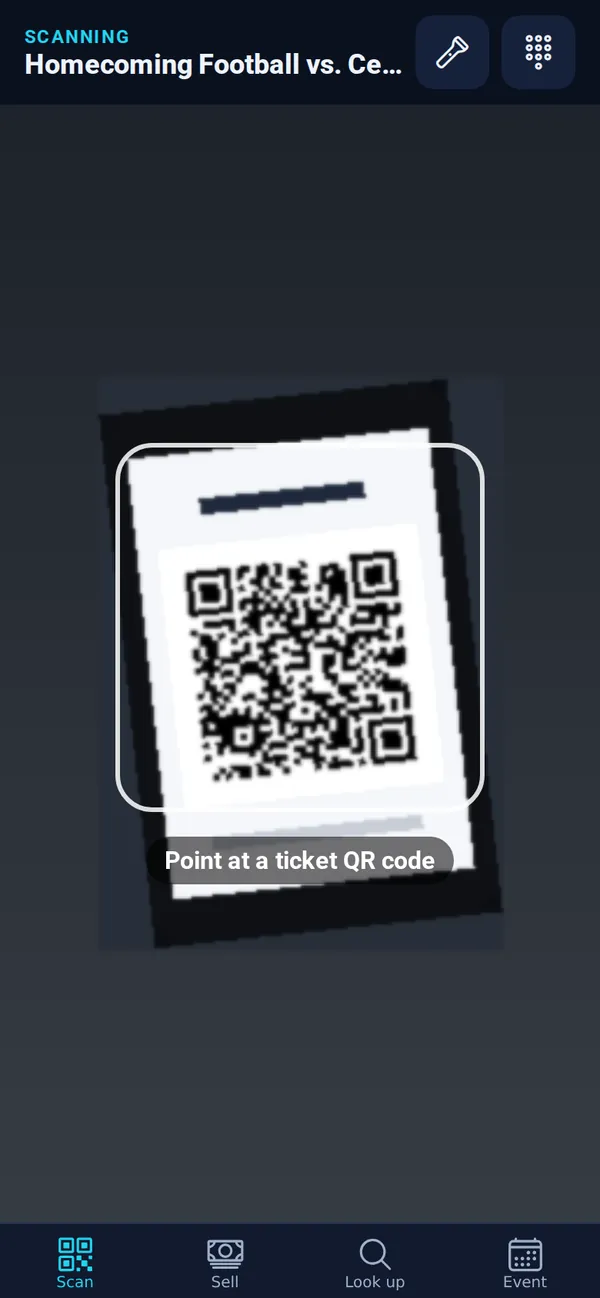 The Scan tab ready, with Point at a ticket QR code