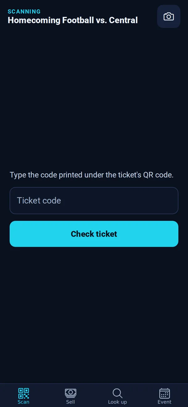Type the code printed under the ticket’s QR code, with a Check ticket button