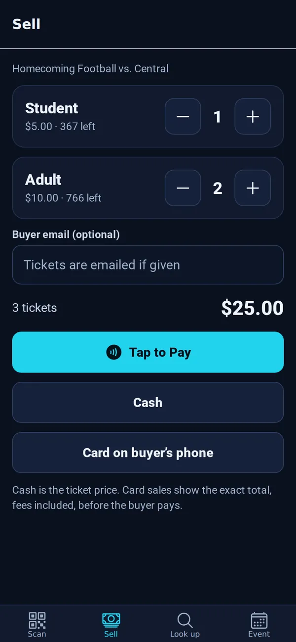 The Sell tab with 1 Student and 2 Adult tickets, $25.00, and Tap to Pay, Cash and Card on buyer’s phone buttons