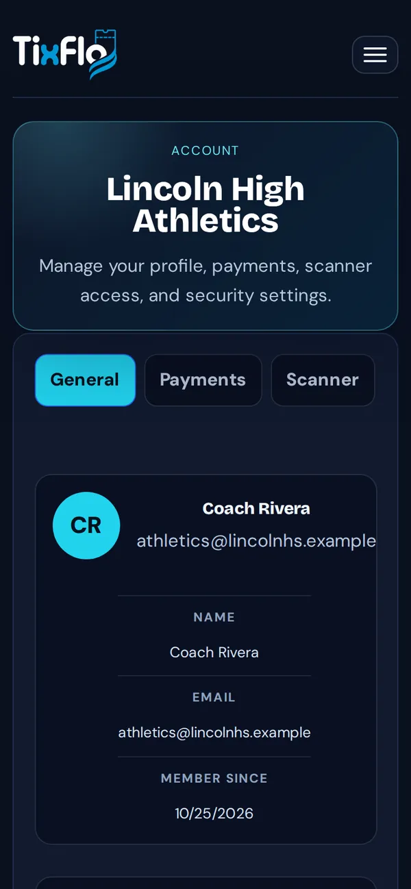 The Account page with General, Payments and Scanner tabs
