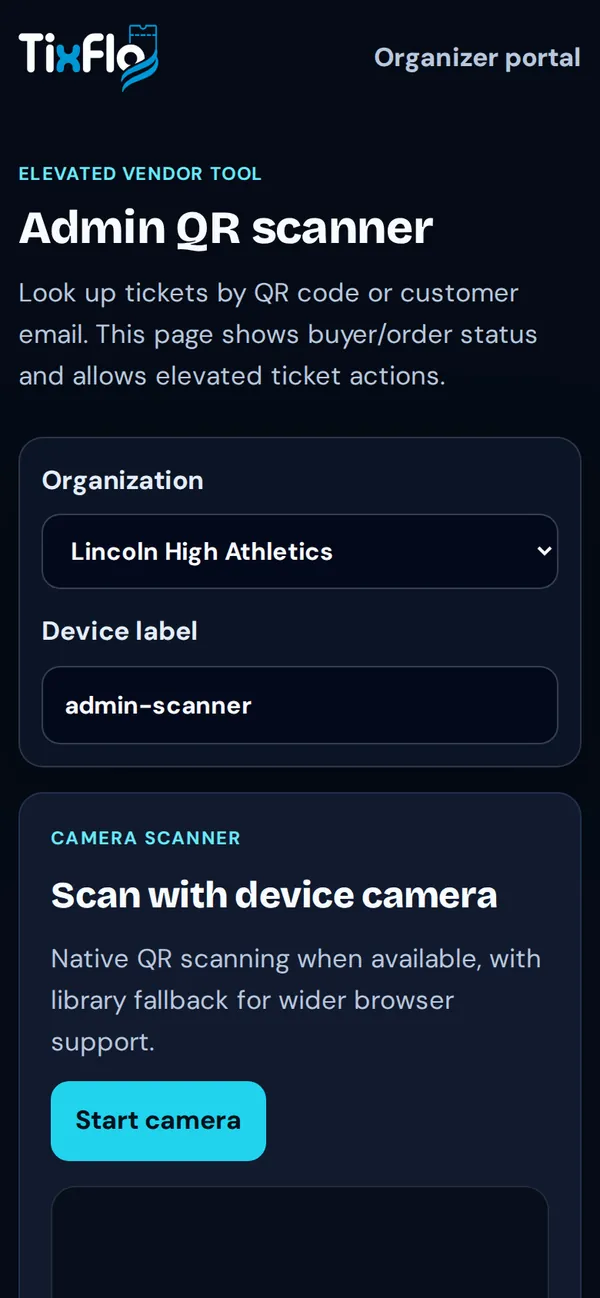 Admin QR scanner with Organization, Device label and Start camera