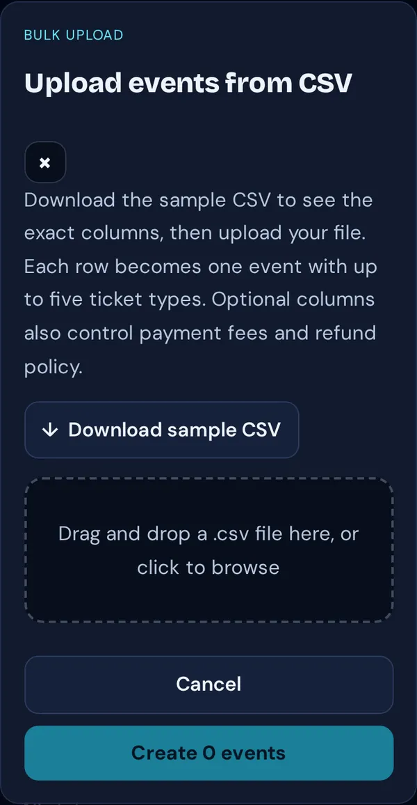 Upload events from CSV with Download sample CSV and the drop zone