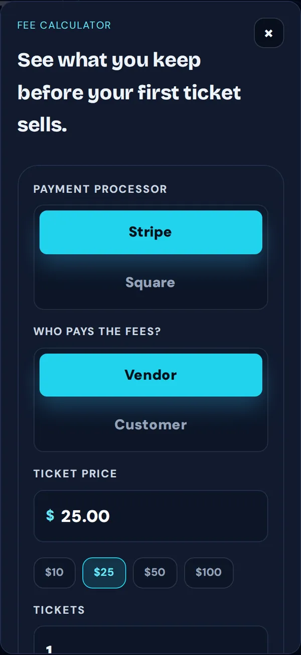 The fee calculator with Stripe, Vendor pays, a $25 ticket price and quantity