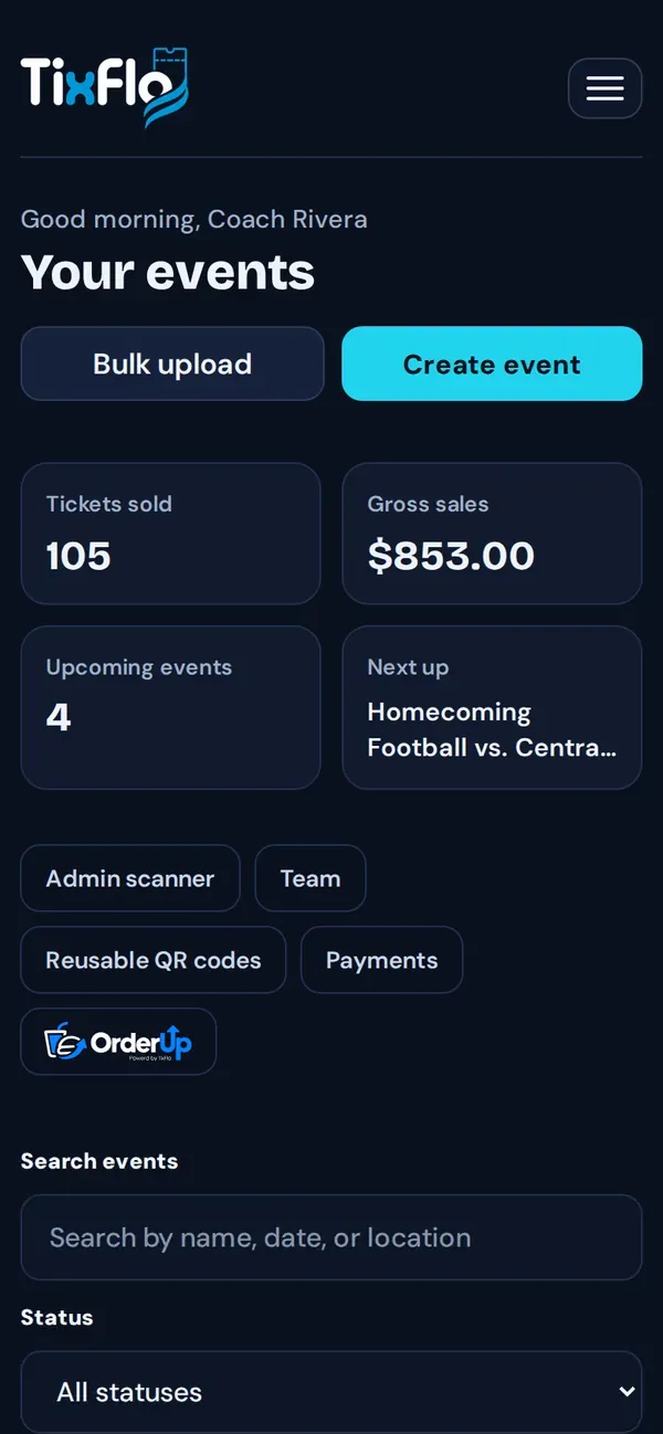 Dashboard on a phone showing Tickets sold, Gross sales, Upcoming events and shortcuts