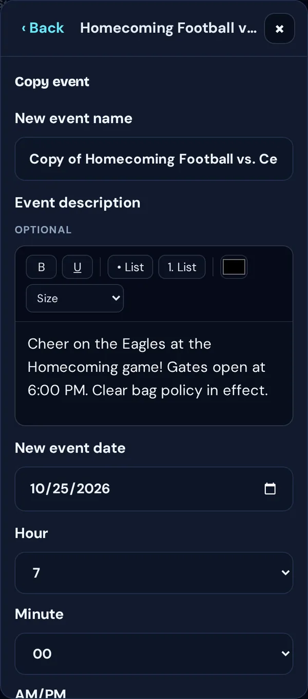 Copy event with the new event name, description and date