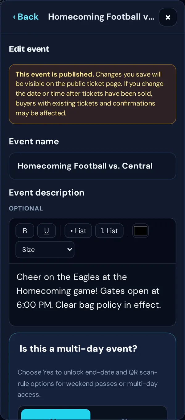 Edit event with the warning that the event is published