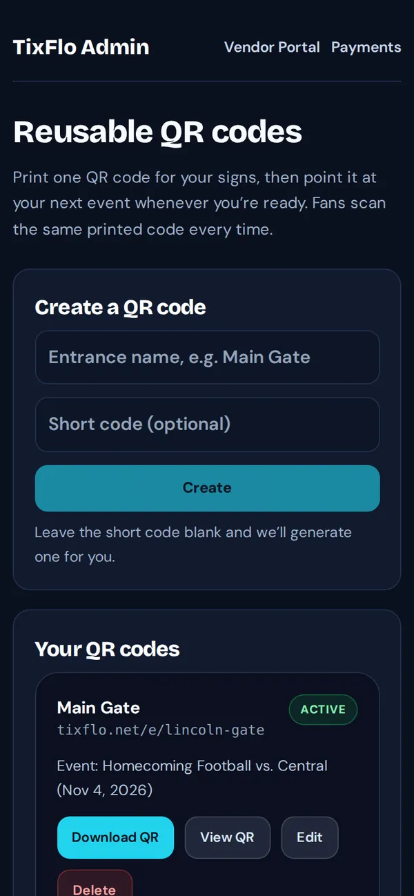 A reusable QR code named Main Gate pointing at Homecoming Football vs. Central, with Download QR and View QR