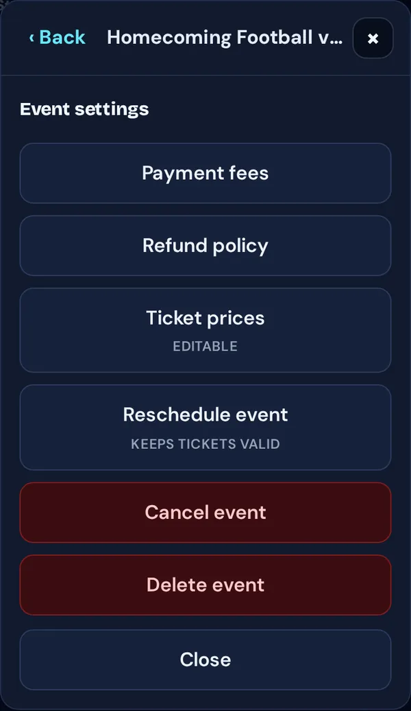 Event settings with Payment fees, Refund policy, Ticket prices, Reschedule, Cancel and Delete