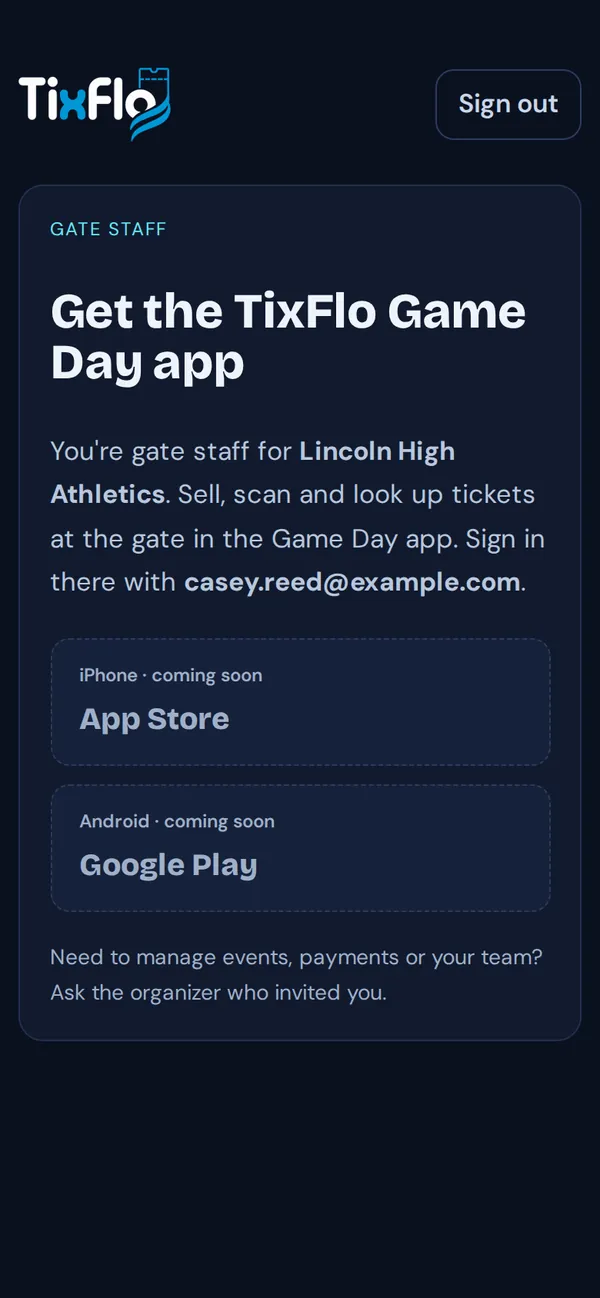 The gate staff page on the website: Get the TixFlo Game Day app, with App Store and Google Play coming soon