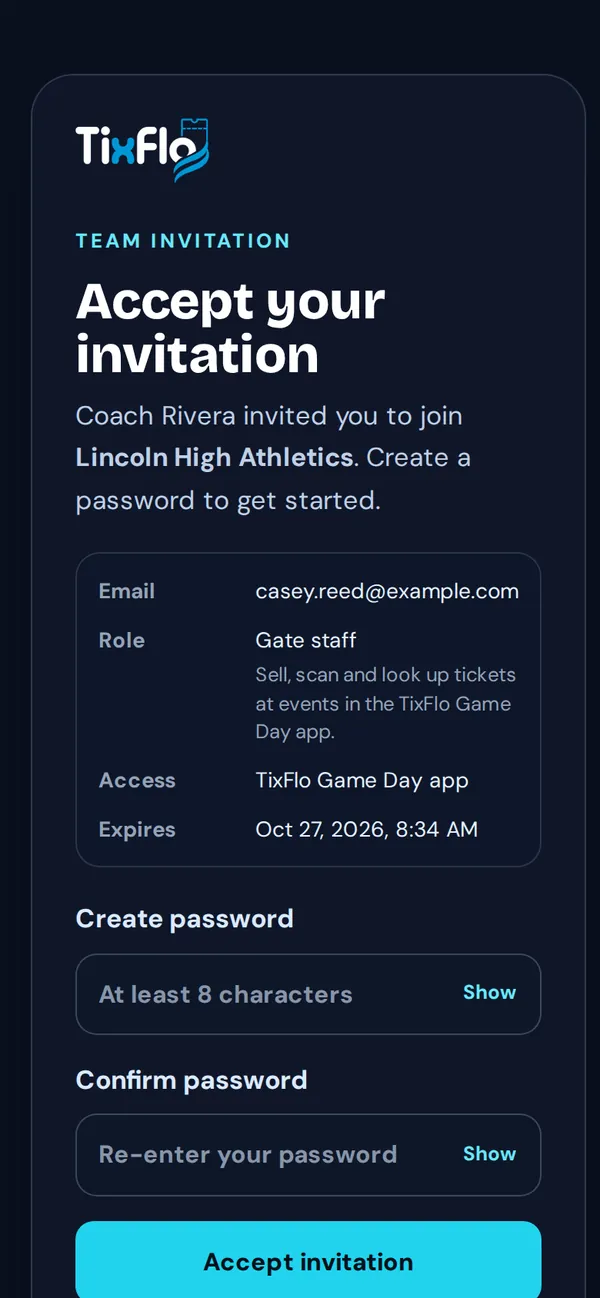 The invitation page where a new gate staff member creates a password