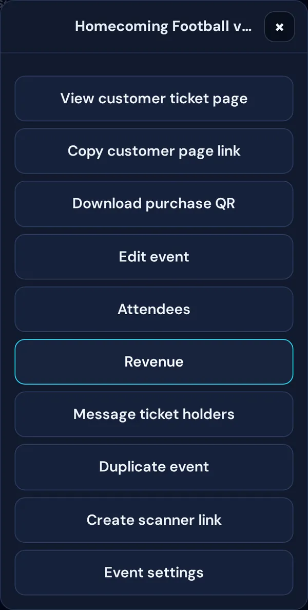 The Manage menu for an event