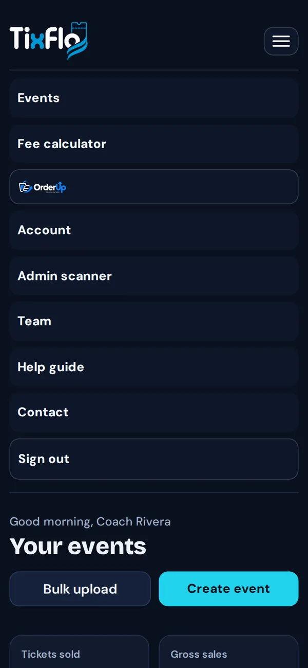 The phone menu with Events, Fee calculator, OrderUp, Account, Admin scanner, Team, Help guide, Contact and Sign out