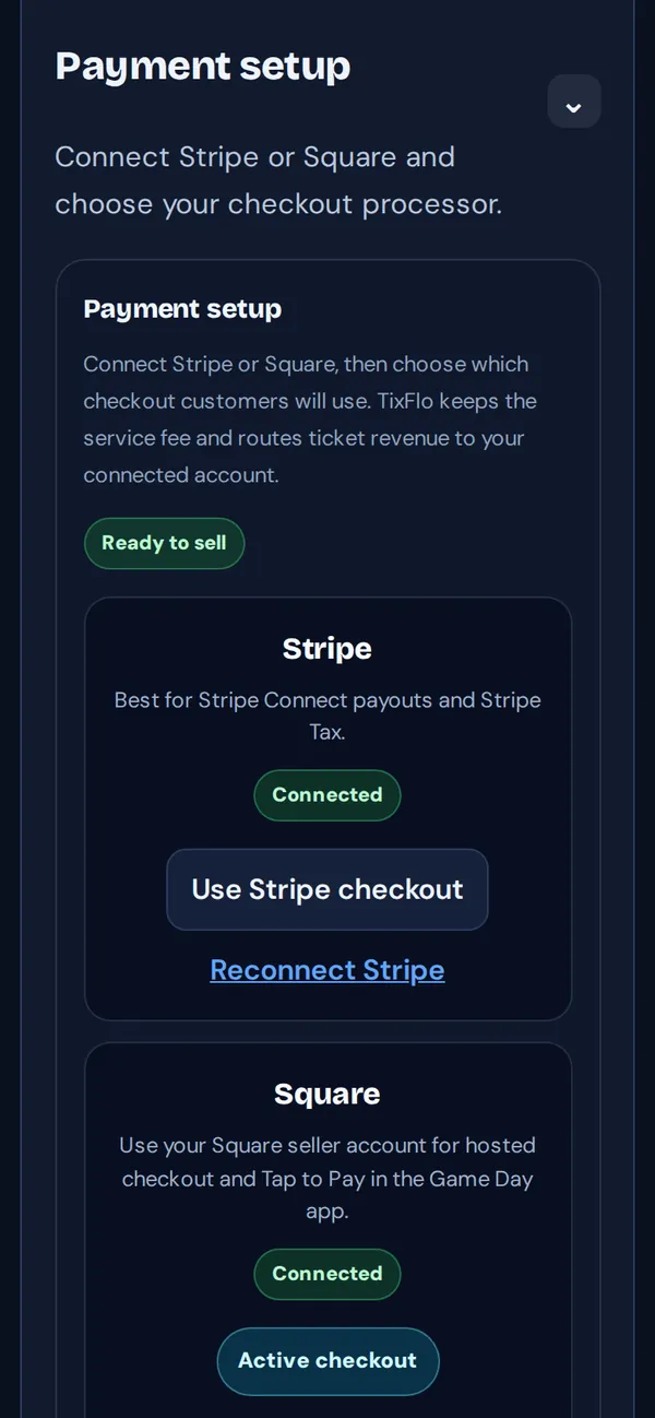 Payment setup with Stripe and Square cards, both Connected, and Square as the Active checkout