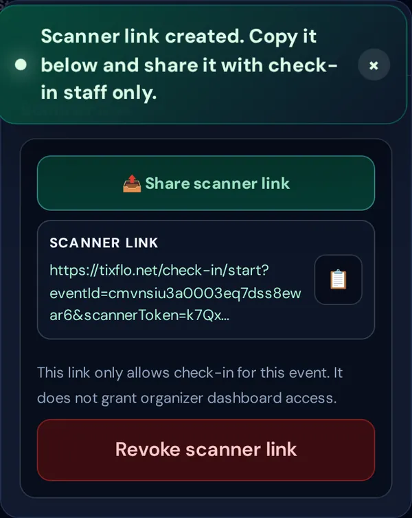 Scanner link created, with Share scanner link, the link, and Revoke scanner link