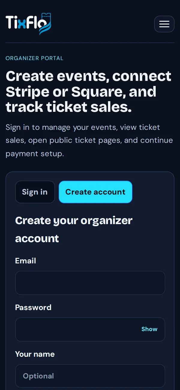 The Create account form on a phone, with Email, Password, Your name and Organization name fields