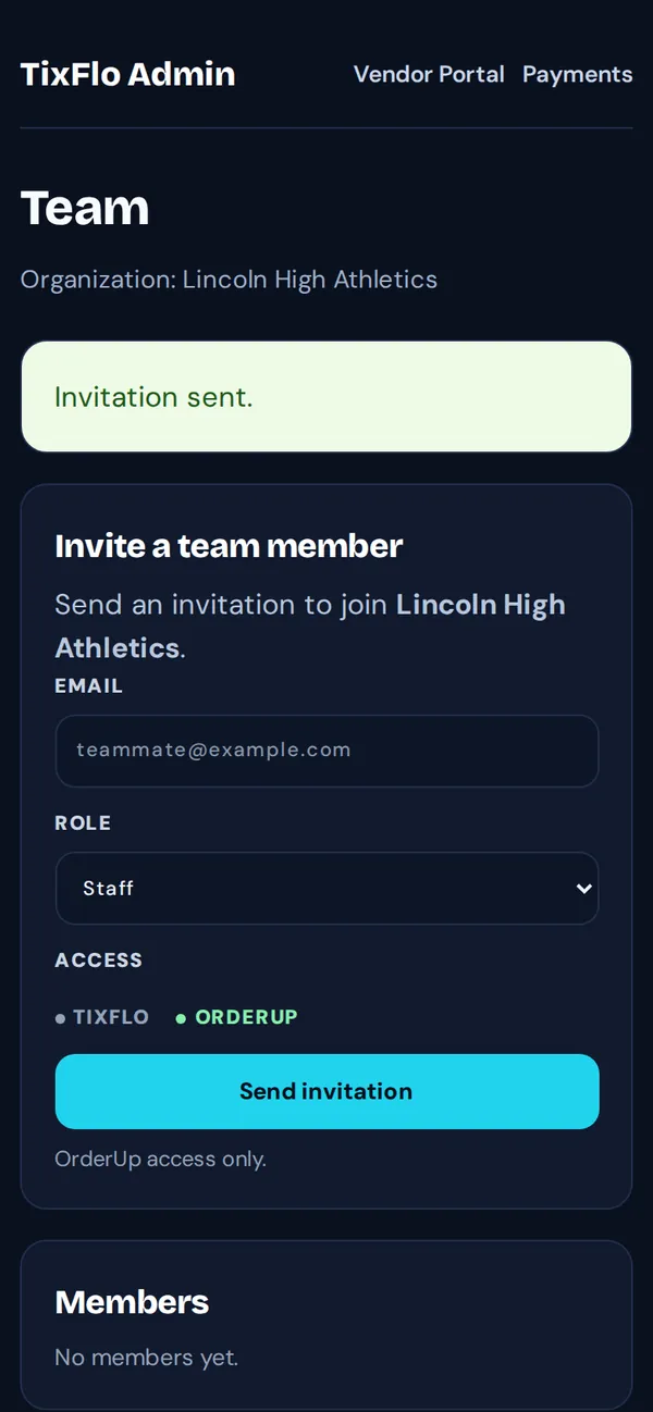 Invitation sent, with the team page