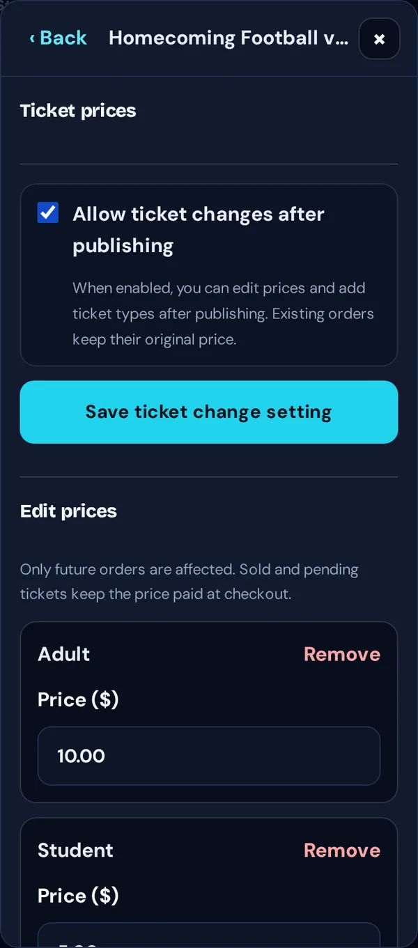 Ticket prices with Allow ticket changes after publishing turned on and editable prices