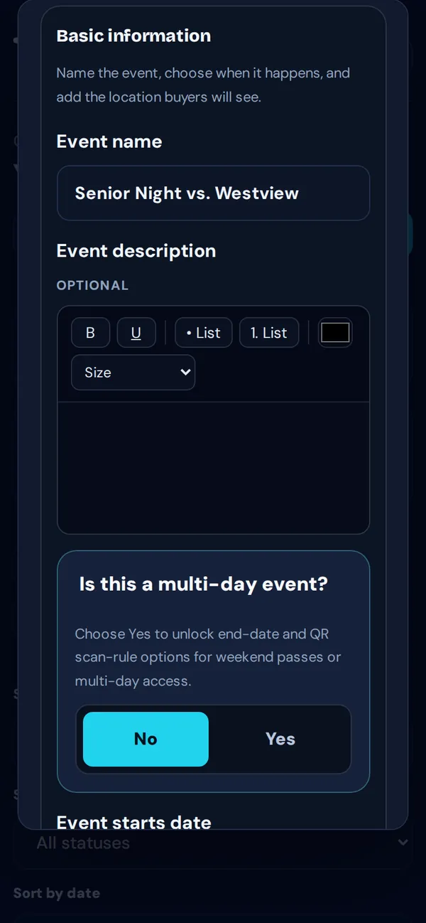 Step 1, Basic information, with the event name filled in