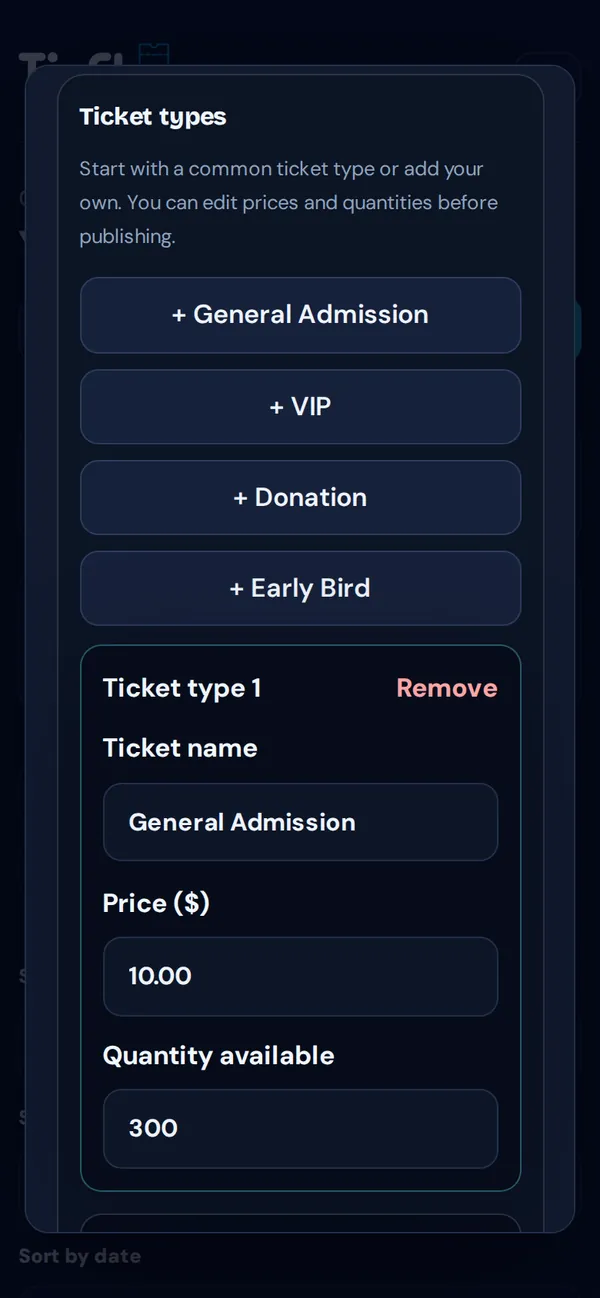 Step 2, Ticket types, with General Admission at $10 and quantity 300