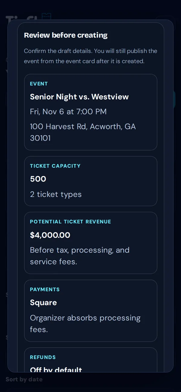 Step 4, Review before creating, showing the event, capacity and potential revenue