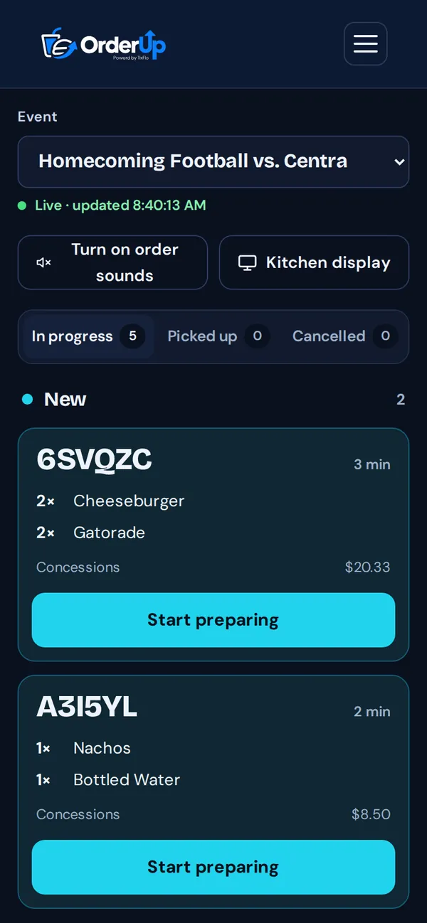 Live orders on a phone with New orders and Start preparing buttons