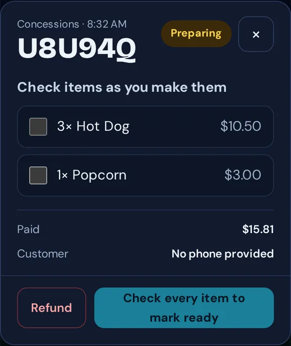 An order being prepared, with items to check off and Refund