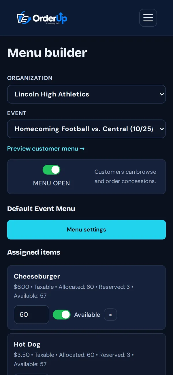 Menu builder with the event, Menu open on, and assigned items with quantities and Available switches